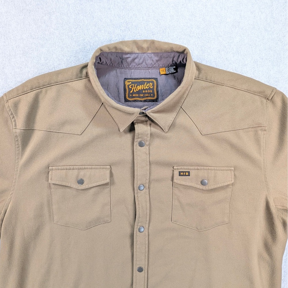 Howler Brothers Stockman Flannel Western Snap Shirt Mens XXL Tan Brown Stretch
